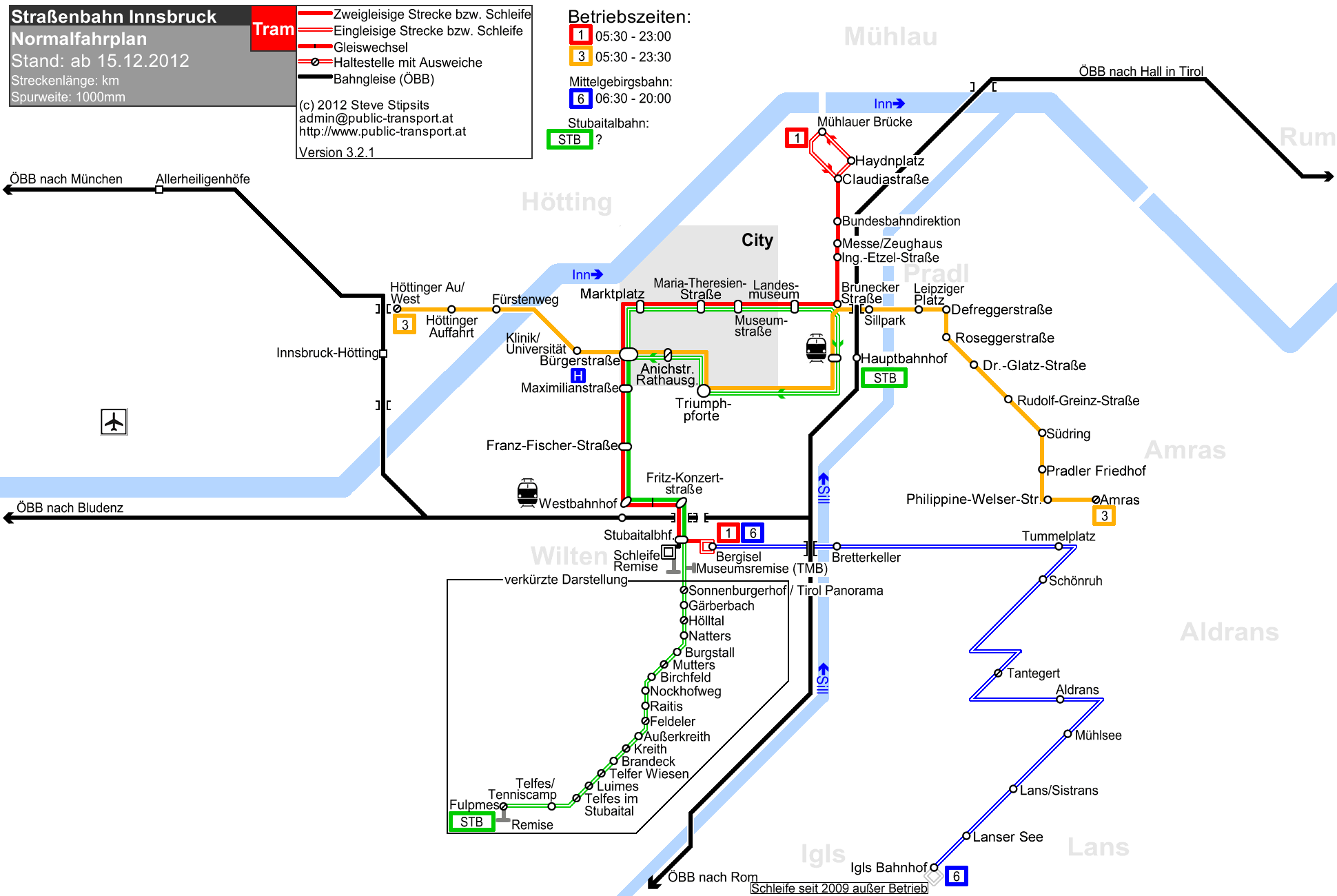 Транспорт по городу Инсбрук - схема маршрутов трамваев по Инсбруку
